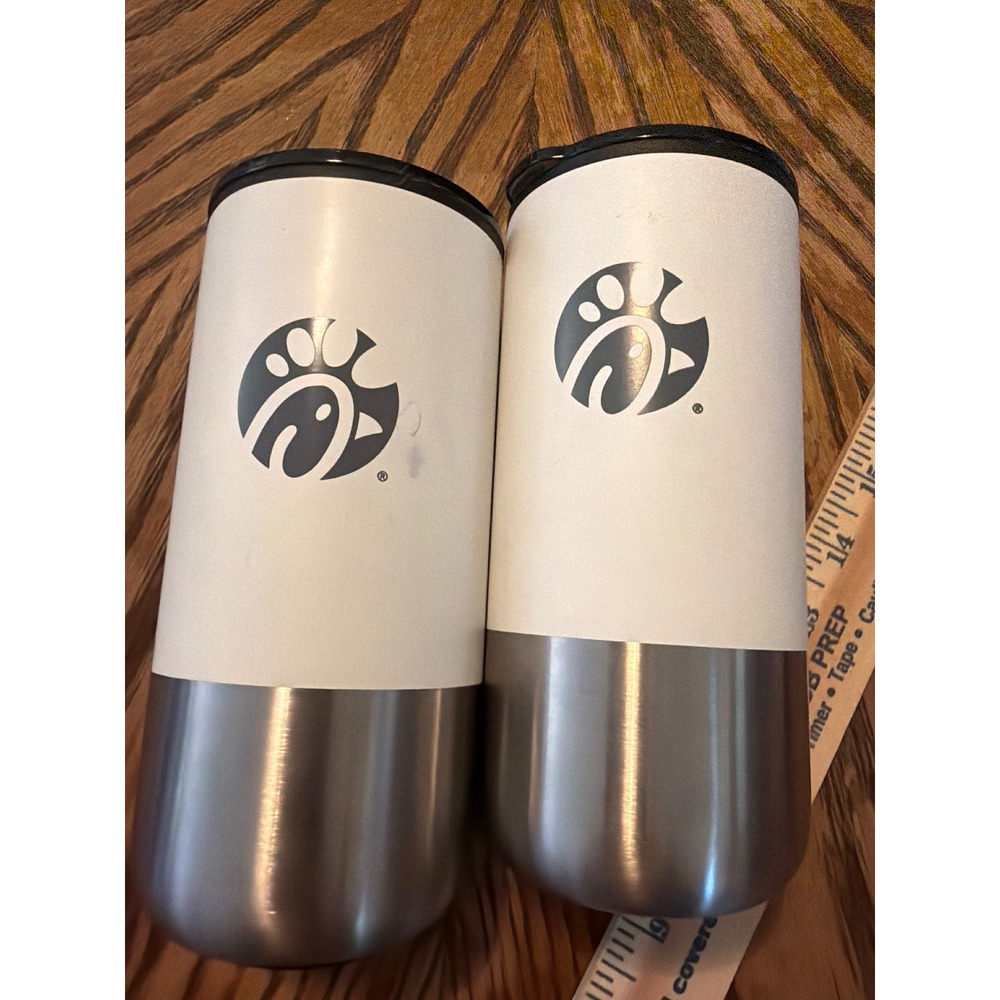 Chick-fil-A Travel Tumbler Set 2 White Stainless Steel Insulated Mugs Lids 7in